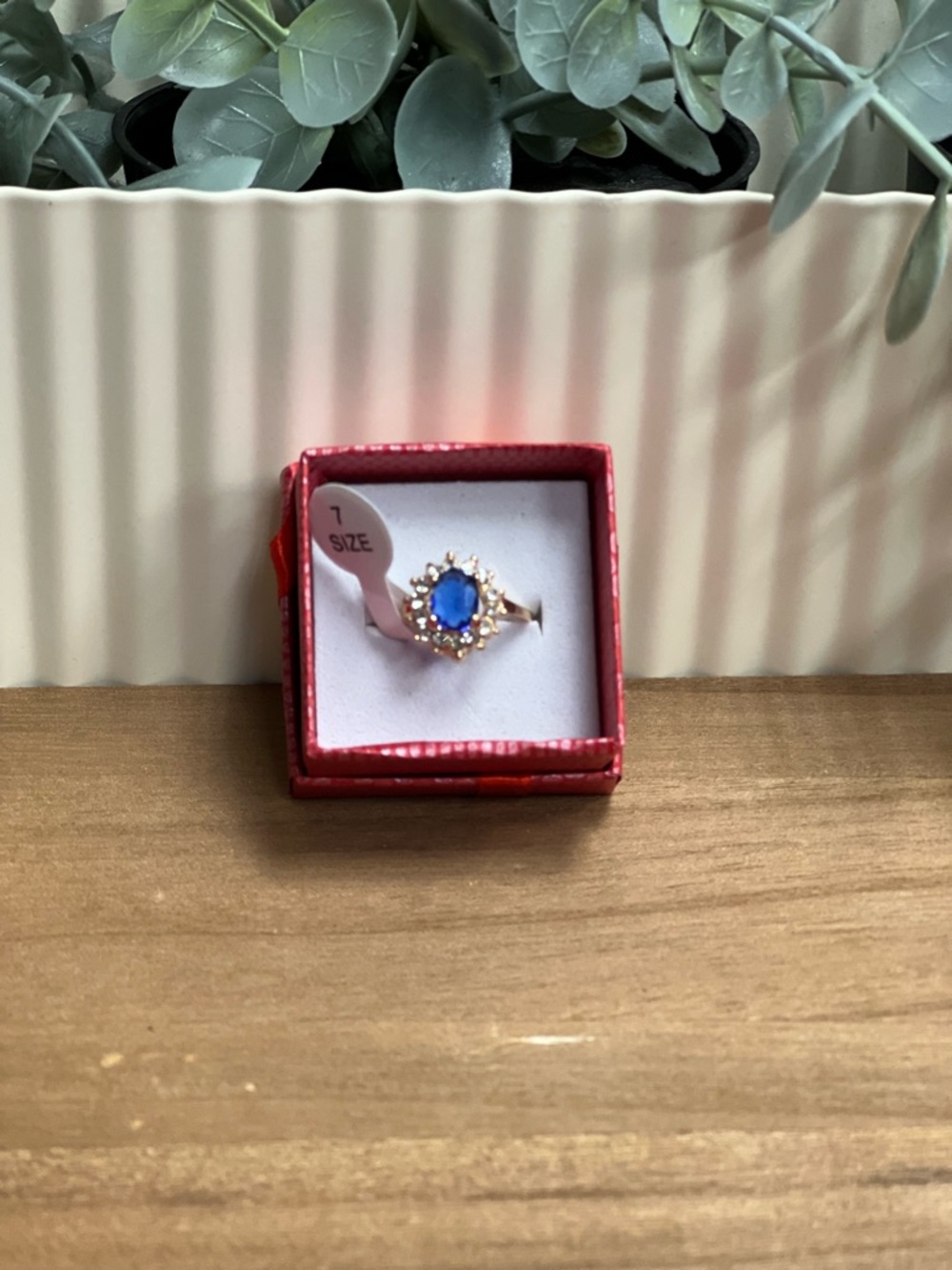 Gold-Tone Blue Oval Halo CZ Ring